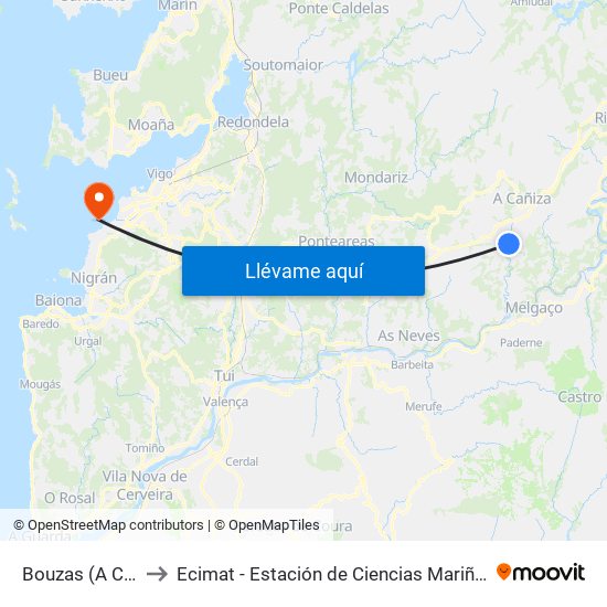 Bouzas (A Cañiza) to Ecimat - Estación de Ciencias Mariñas de Toralla map