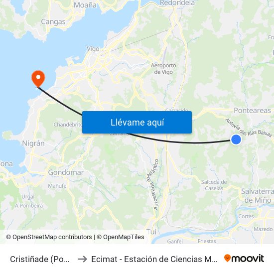 Cristiñade (Ponteareas) to Ecimat - Estación de Ciencias Mariñas de Toralla map