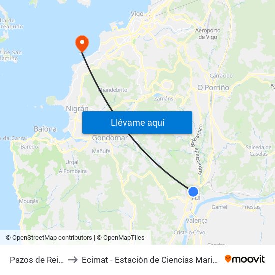 Pazos de Reis (Tui) to Ecimat - Estación de Ciencias Mariñas de Toralla map