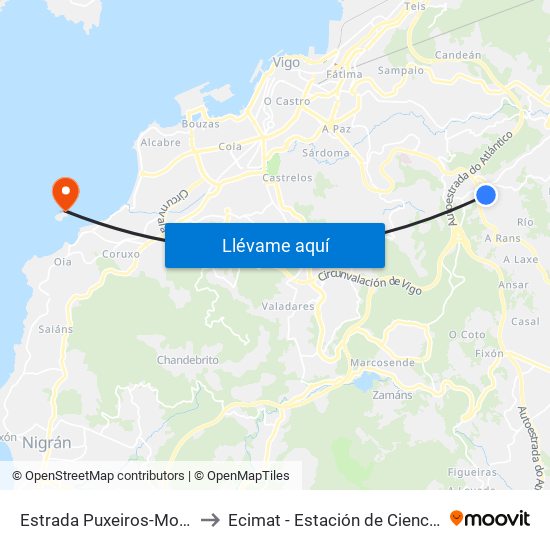 Estrada Puxeiros-Mos - Puxeiros (Mos) to Ecimat - Estación de Ciencias Mariñas de Toralla map