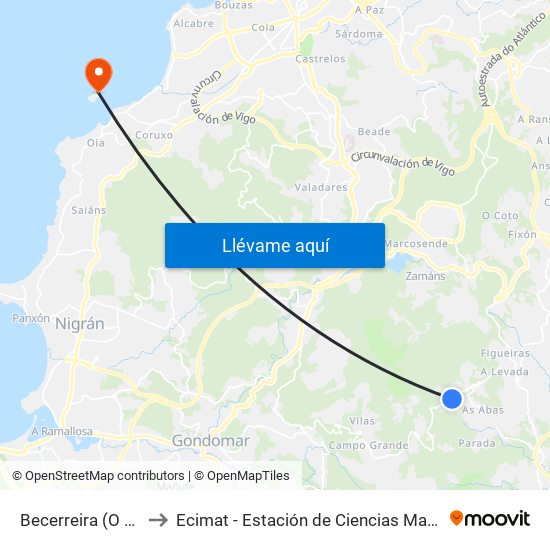 Becerreira (O Porriño) to Ecimat - Estación de Ciencias Mariñas de Toralla map