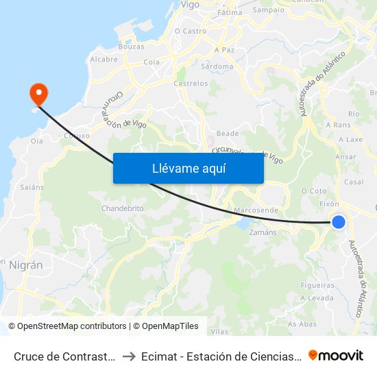 Cruce de Contrasto (O Porriño) to Ecimat - Estación de Ciencias Mariñas de Toralla map