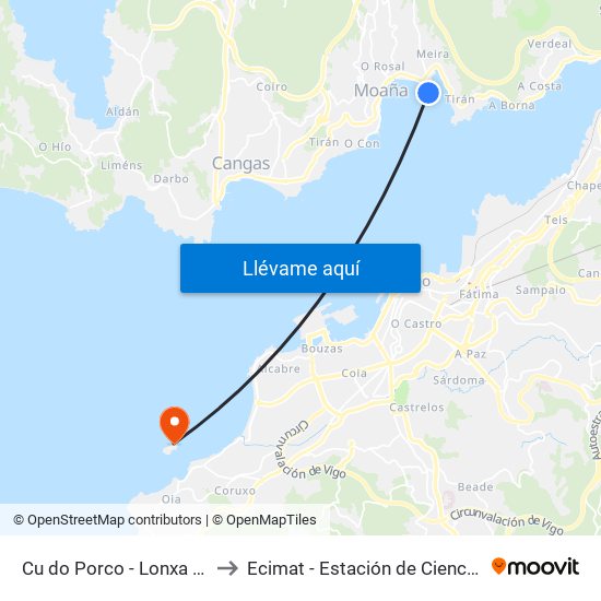 Cu do Porco - Lonxa de Meira (Moaña) to Ecimat - Estación de Ciencias Mariñas de Toralla map