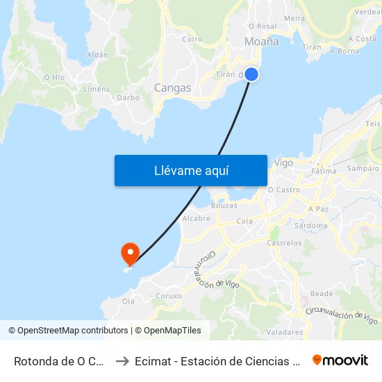 Rotonda de O Con (Moaña) to Ecimat - Estación de Ciencias Mariñas de Toralla map