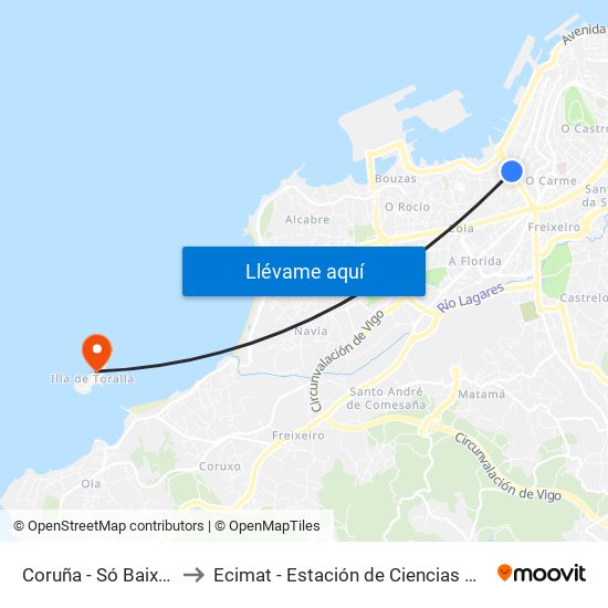Coruña - Só Baixada (Vigo) to Ecimat - Estación de Ciencias Mariñas de Toralla map