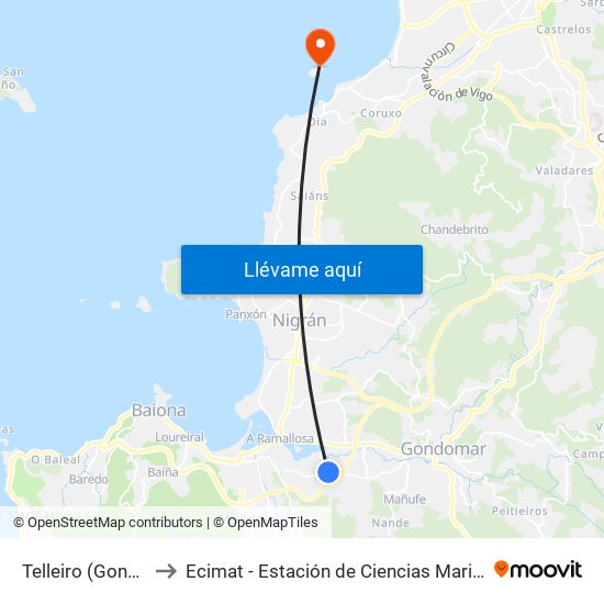 Telleiro (Gondomar) to Ecimat - Estación de Ciencias Mariñas de Toralla map