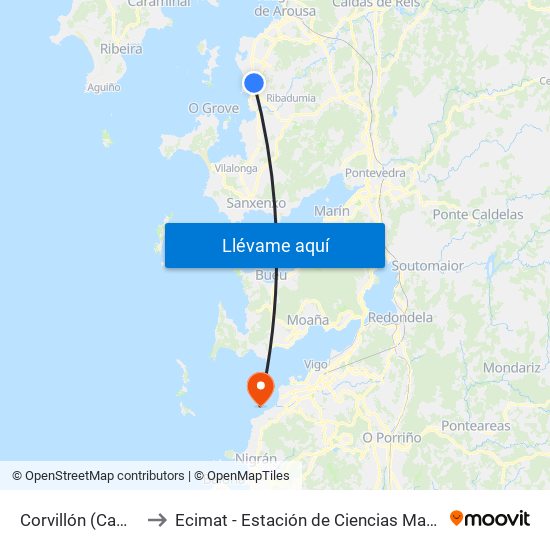 Corvillón (Cambados) to Ecimat - Estación de Ciencias Mariñas de Toralla map