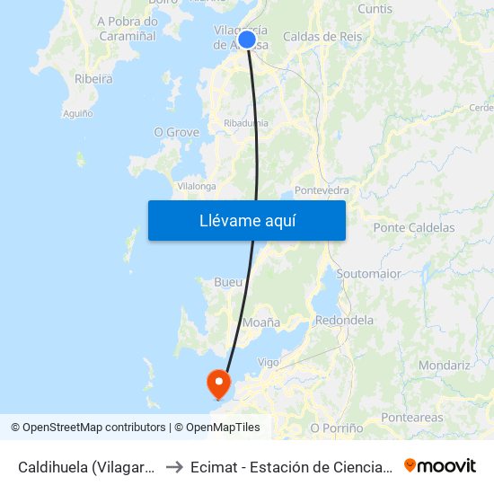 Caldihuela (Vilagarcía de Arousa) to Ecimat - Estación de Ciencias Mariñas de Toralla map
