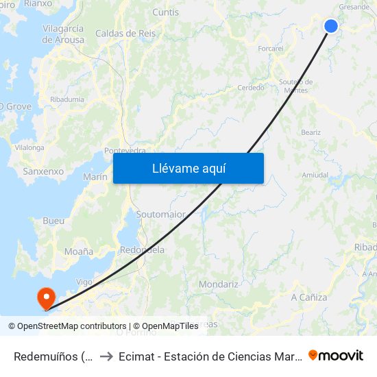 Redemuíños (Silleda) to Ecimat - Estación de Ciencias Mariñas de Toralla map