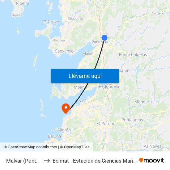 Malvar (Pontevedra) to Ecimat - Estación de Ciencias Mariñas de Toralla map