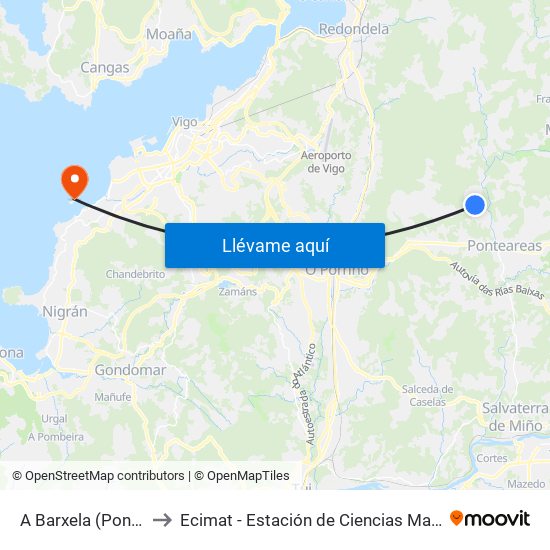 A Barxela (Ponteareas) to Ecimat - Estación de Ciencias Mariñas de Toralla map