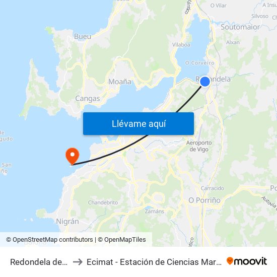 Redondela de Galicia to Ecimat - Estación de Ciencias Mariñas de Toralla map