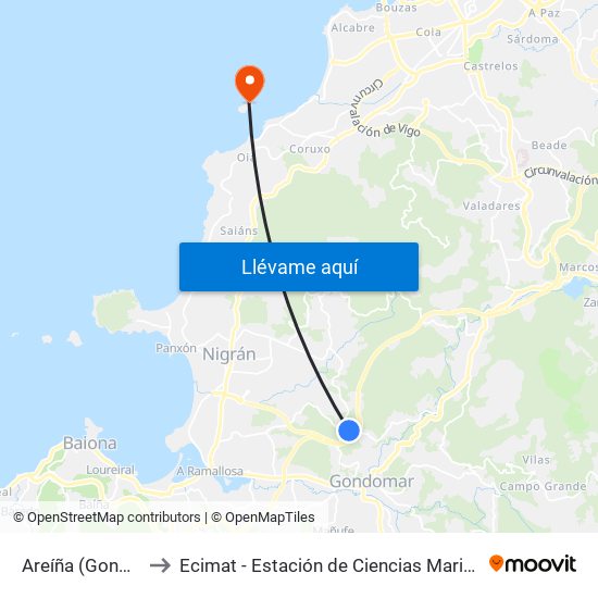 Areíña (Gondomar) to Ecimat - Estación de Ciencias Mariñas de Toralla map