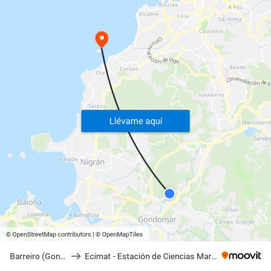 Barreiro (Gondomar) to Ecimat - Estación de Ciencias Mariñas de Toralla map