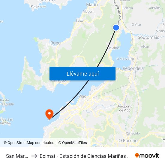 San Martiño to Ecimat - Estación de Ciencias Mariñas de Toralla map