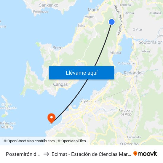 Postemirón de Arriba to Ecimat - Estación de Ciencias Mariñas de Toralla map