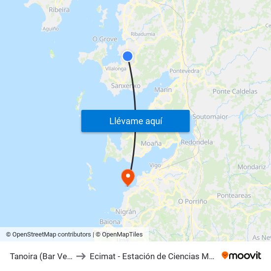 Tanoira (Bar Venezuela) to Ecimat - Estación de Ciencias Mariñas de Toralla map