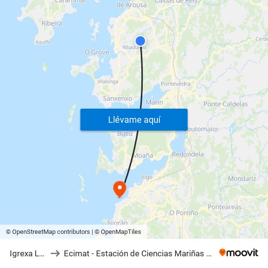 Igrexa Leiro to Ecimat - Estación de Ciencias Mariñas de Toralla map