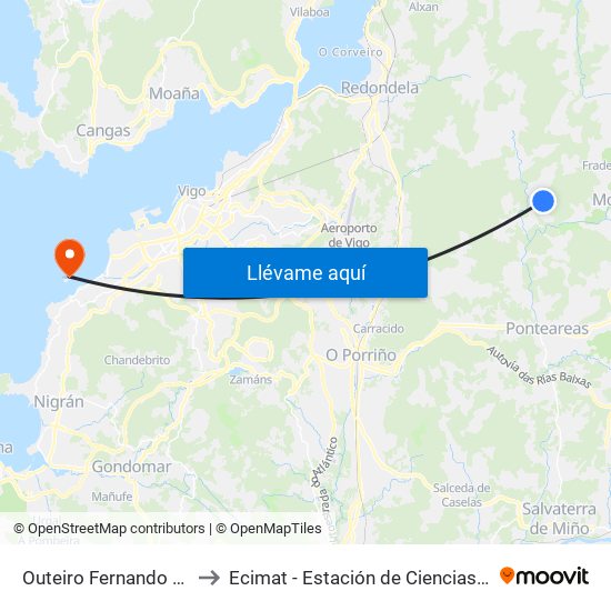 Outeiro Fernando (Ponteareas) to Ecimat - Estación de Ciencias Mariñas de Toralla map