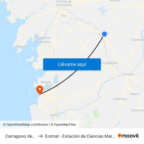Carragoso de Abaixo to Ecimat - Estación de Ciencias Mariñas de Toralla map