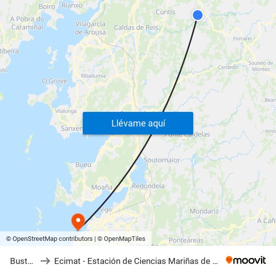 Bustelo to Ecimat - Estación de Ciencias Mariñas de Toralla map