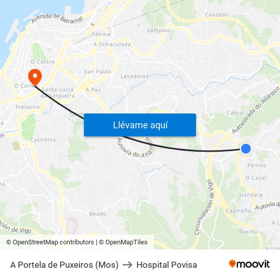 A Portela de Puxeiros (Mos) to Hospital Povisa map