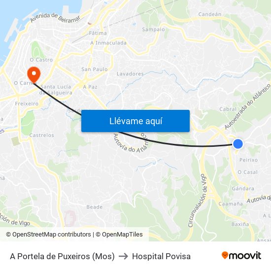 Puxeiros to Hospital Povisa map