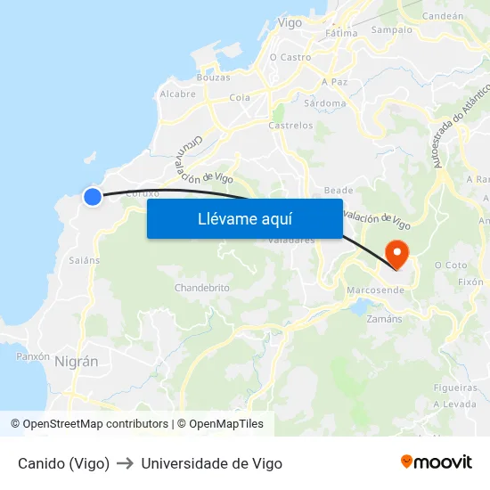 Canido (Vigo) to Universidade de Vigo map
