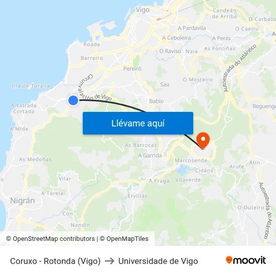 Coruxo - Rotonda (Vigo) to Universidade de Vigo map