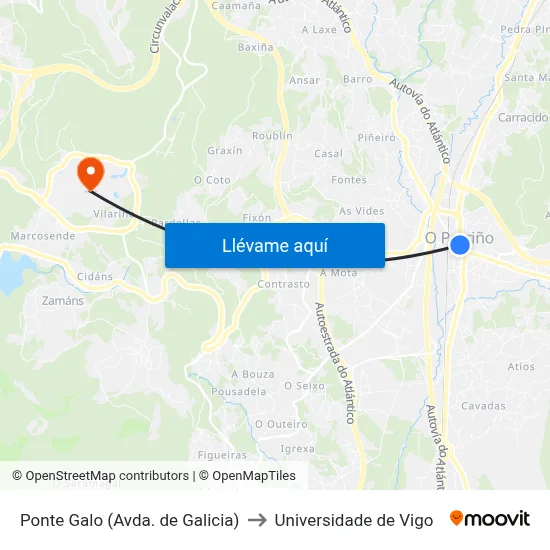 Ponte Galo (Avda. de Galicia) to Universidade de Vigo map