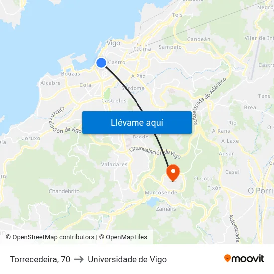 Torrecedeira, 70 to Universidade de Vigo map