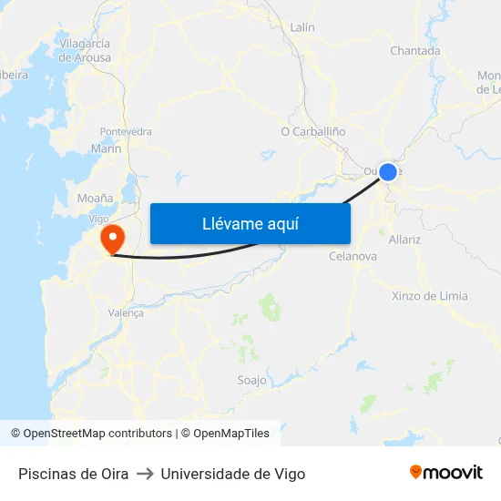 Piscinas de Oira to Universidade de Vigo map