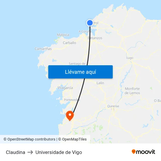 Claudina to Universidade de Vigo map
