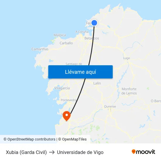 Xubia (Garda Civil) to Universidade de Vigo map