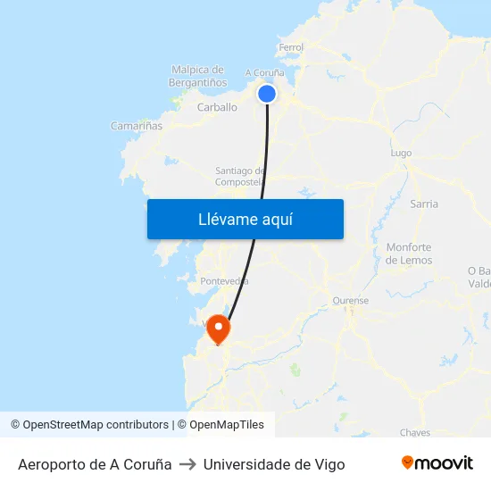 Aeroporto de A Coruña to Universidade de Vigo map
