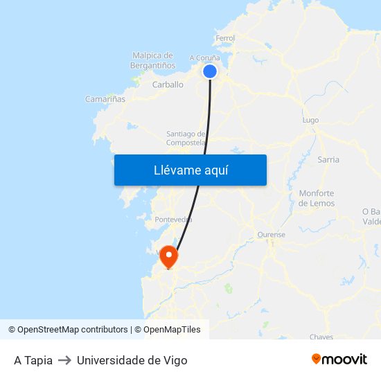 A Tapia to Universidade de Vigo map