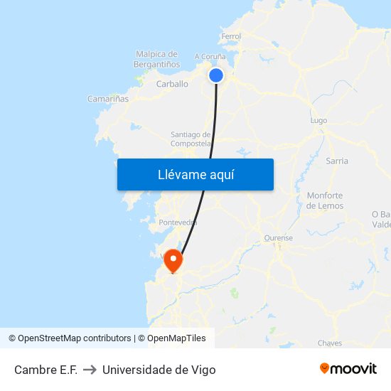 Cambre E.F. to Universidade de Vigo map