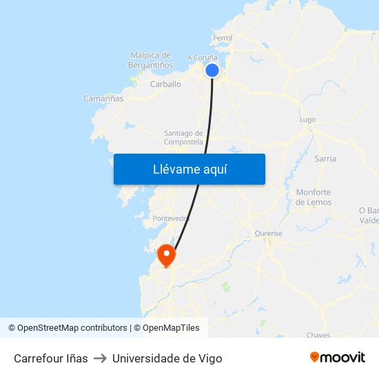 Carrefour Iñas to Universidade de Vigo map