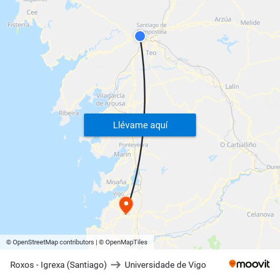 Roxos - Igrexa (Santiago) to Universidade de Vigo map