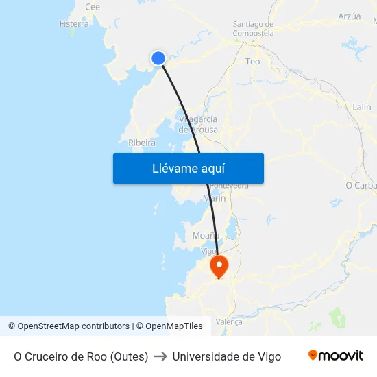 O Cruceiro de Roo (Outes) to Universidade de Vigo map