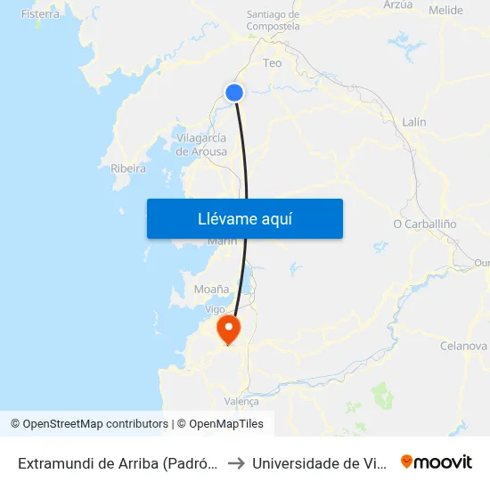 Extramundi de Arriba (Padrón) to Universidade de Vigo map