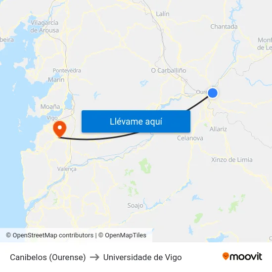 Canibelos (Ourense) to Universidade de Vigo map