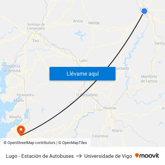 Lugo - Estación de Autobuses to Universidade de Vigo map
