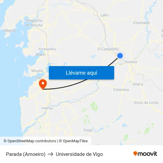 Parada (Amoeiro) to Universidade de Vigo map