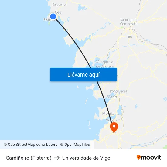 Sardiñeiro (Fisterra) to Universidade de Vigo map