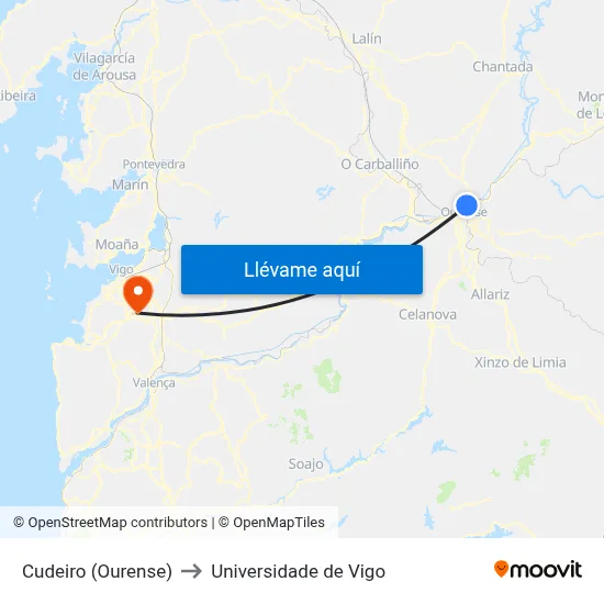 Cudeiro (Ourense) to Universidade de Vigo map