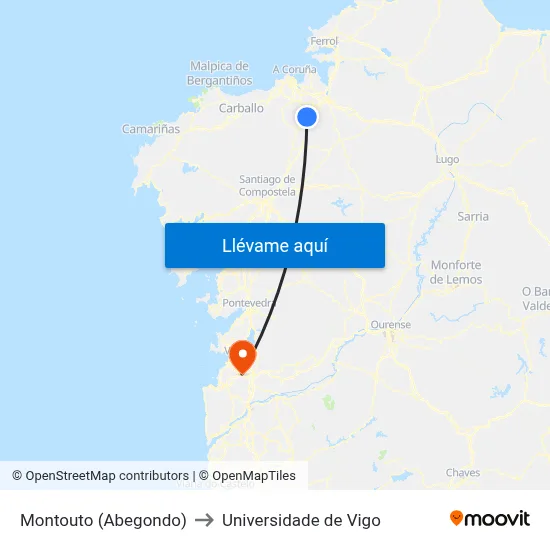 Montouto (Abegondo) to Universidade de Vigo map