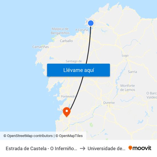 Estrada de Castela - O Inferniño (Ferrol) to Universidade de Vigo map