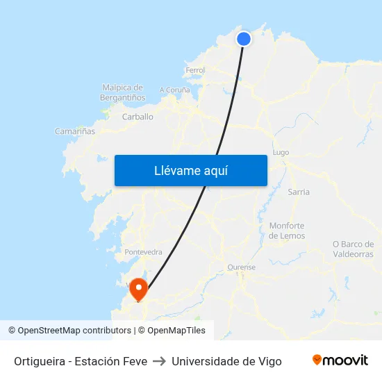 Ortigueira - Estación Feve to Universidade de Vigo map