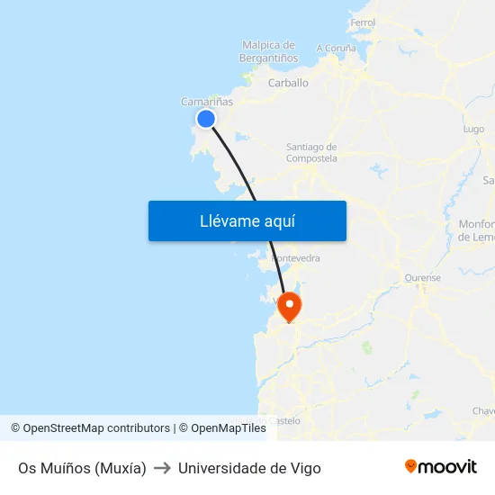 Os Muíños (Muxía) to Universidade de Vigo map